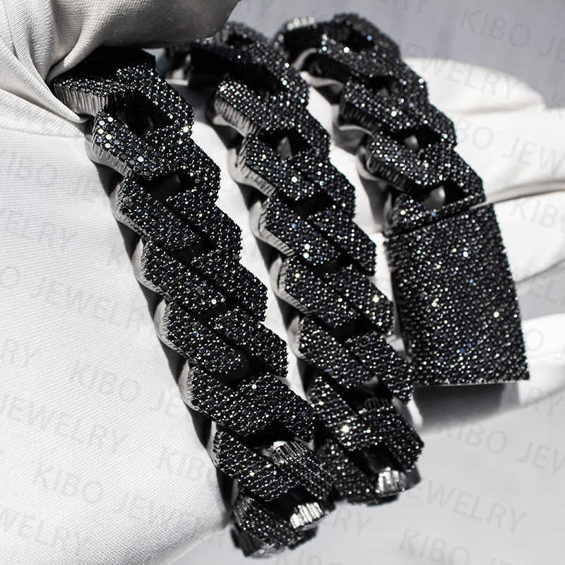 Fashion Jewelry Iced Out 18mm 20mm Black Plated 2 rows Top Quality Sterling Silver Black moissanite cuban link chain