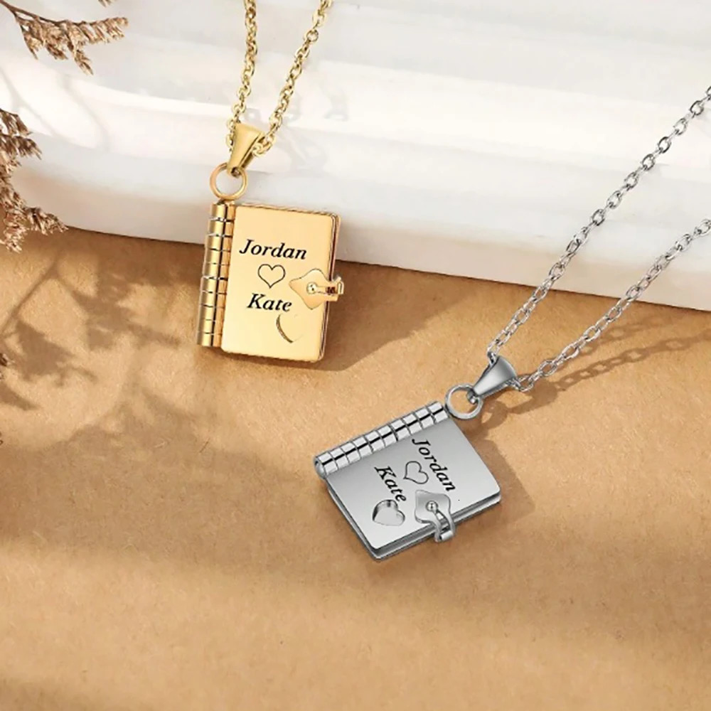 Stainless Steel Book Pendant Necklace Openable Engrave Personalized Custom Multipage Words Jewelry Gift 250214