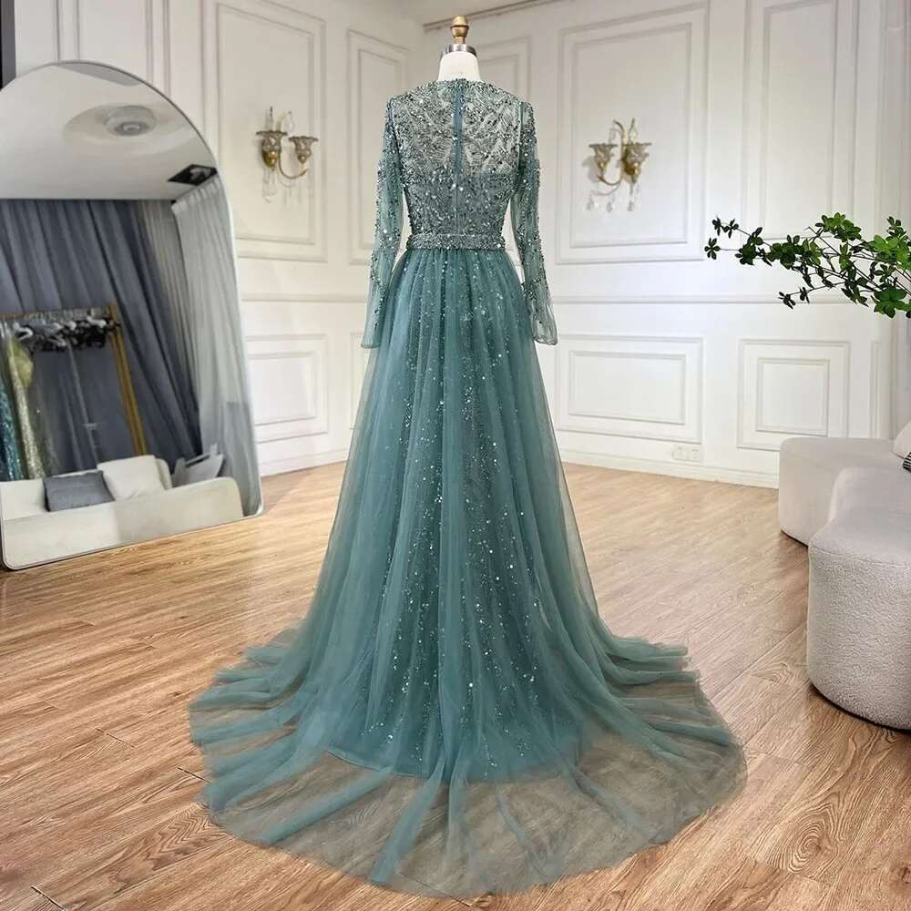 Turquoise Arabic Mermaid Gown With Tulle Overskirt And Beaded Evening Gowns Customize Wedding Party BLA s