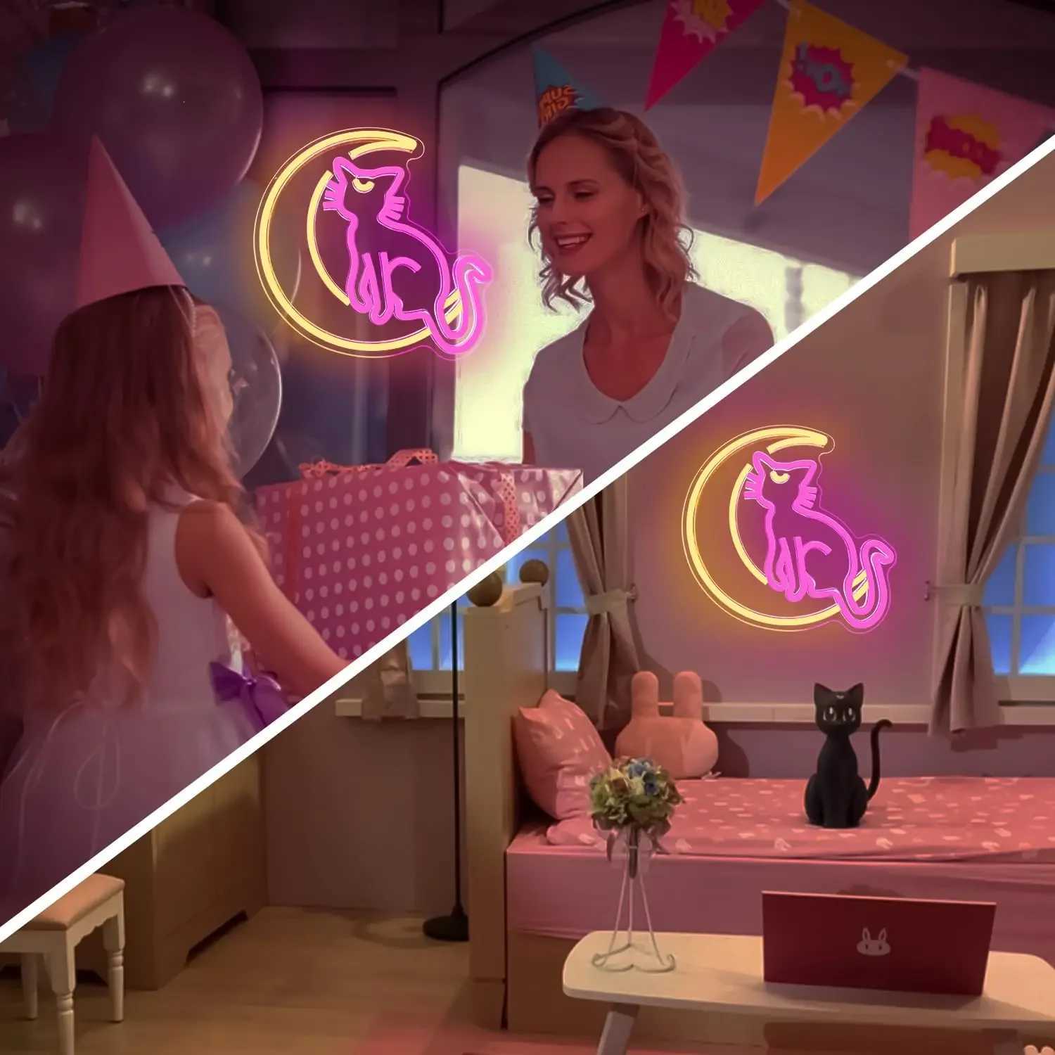 Anime Cat Neon Signs Dimmable Cartoon Luna Neon Lights Moon Cat Neon Light Sign Cute Led Signs for Bedroom Wall for Girls Z250218