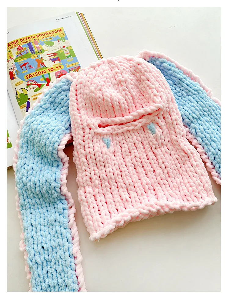 Y2K Long Rabbit Ear Funny Balaclava Hat Winter Thicken Warm Hand Made knitted Beanie Halloween Party Ski Mask Skullies Cap 250218