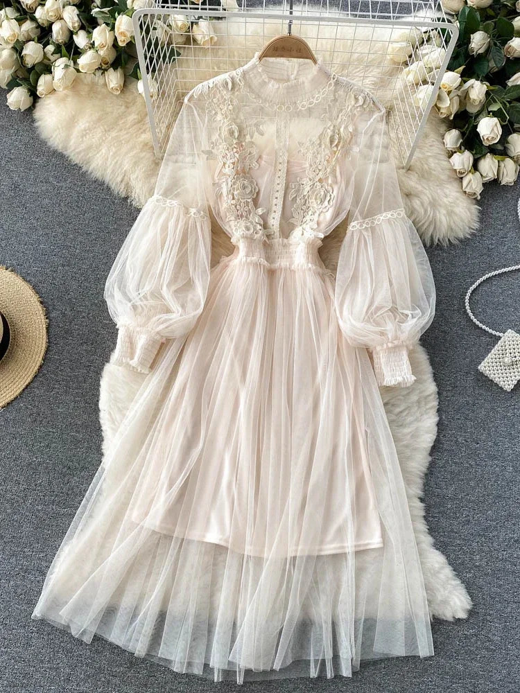 Ladies Dress Three-dimensional Flower Hook Mesh Temperament Stand Collar Lantern Sleeve High Waist Slim Female Dresses 250217