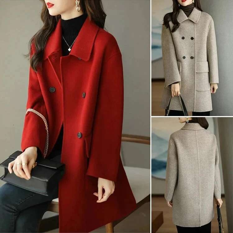 New Autumn Winter Women Coat Large Size Loose Coats Double-Breasted Cashmere Woolen Long Overcoat Female