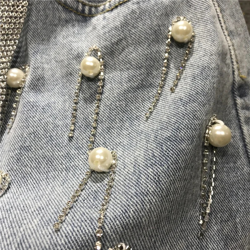 Summer Ladies Womens High Waisted Rhinestone Tassel Ripped Irregular Blue White Denim Shorts Woman Korean Jeans Shorts 250217