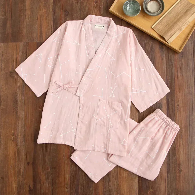seven-sleeve Japanese-style kimono pajamas set female spring and autumn 100% cotton gauze home clothes cute sweet two-p 250214