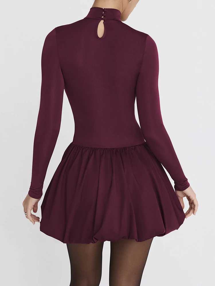 Basic Casual Dresses Fantoye Patchwork Turtleneck Long Slve Women Mini Dress Burgundy High Waist A-line Dress Female Winter Slim Elegant Strtwear H252