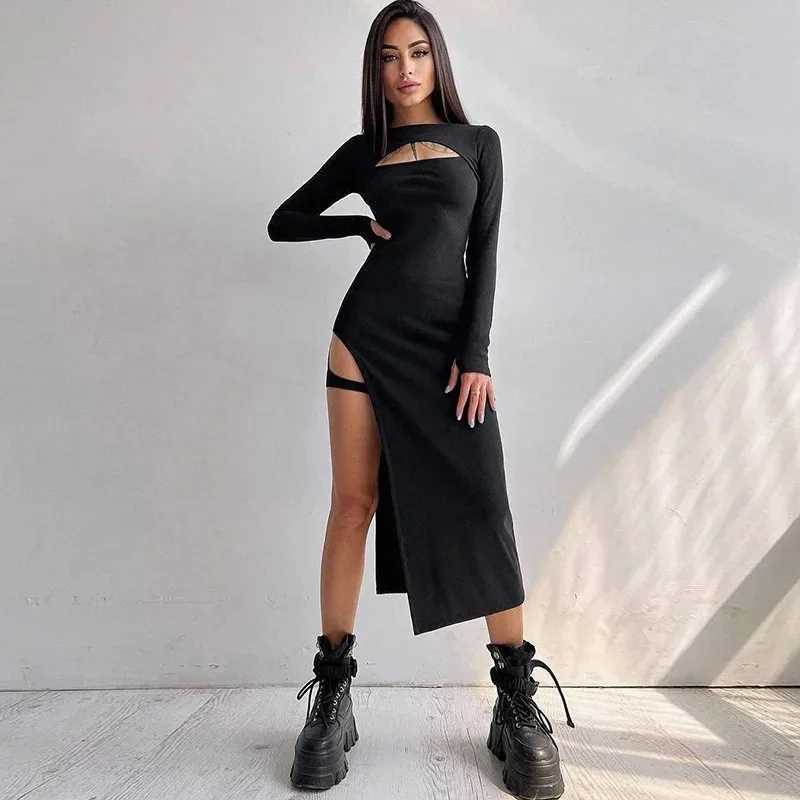 Basic Casual Dresses Womens Long Sexy Dresses Black Long Slves Casual Bodycon Maxi Dress Fashion Strtwear Club Elegant Party Dresses Female New H25217