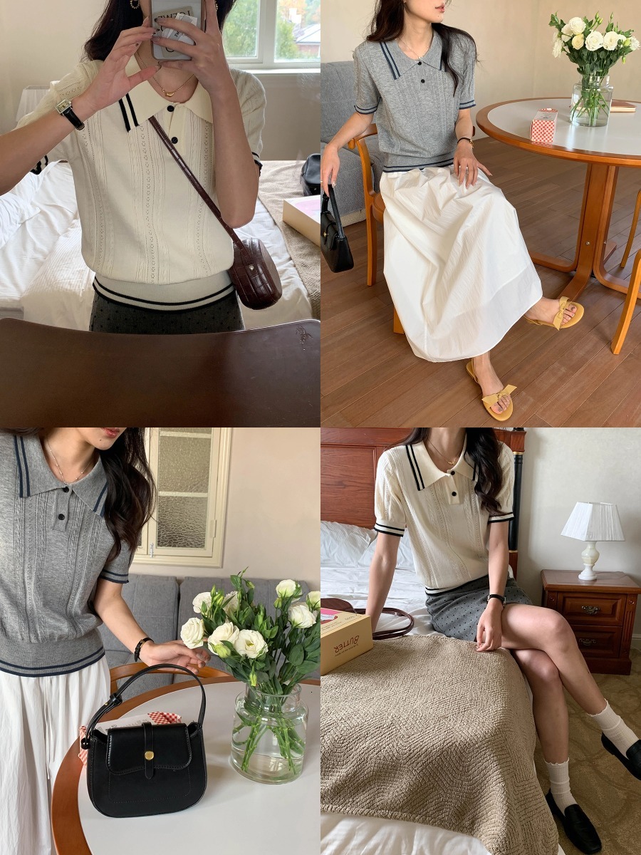 2025 New favorite in the Year of the Snake! College style POLO collar knitted short-sleeved top, a must-have for color-blocking fashionistas dongdumao