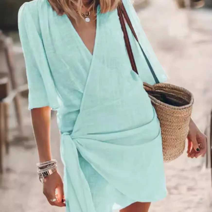 Basic Casual Dresses Casual V Neck Solid Short Slve Cross Lace Up Dress For Women Spring Summer Simple Elegant Cotton Linen Mini Dresses Female H25217