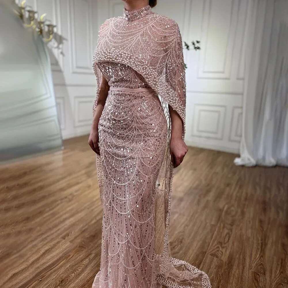 Nude Dubai Mermaid Elegant Long Cape Sleeves Arabia Beaded Evening Dresses Gown Customize Party LA