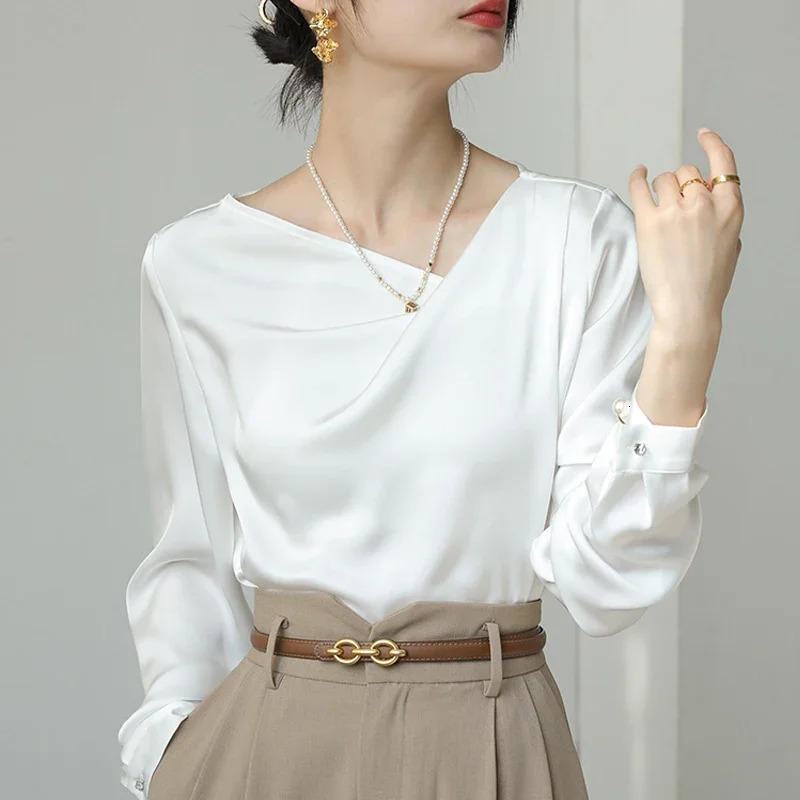 Satin Womens Shirts Silk Solid Casual Blouses Loose SpringSummer Ladies Clothing FASHION Long Sleeves White Tops 250217