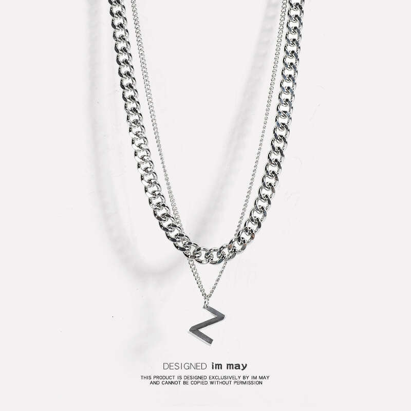 Titanium Steel Personality Letter W Necklace Double layered Layered Sweater Versatile Simple Hip Hop Cuban Chain Korean Edition Men's and Women&#