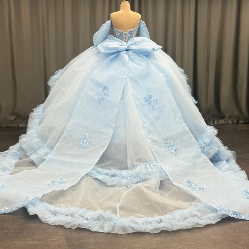 Sky Blue Shiny Quinceanera Dresses Ball Gown Off The Shoulder Applique Beads Bow Tiered Tull Party Birthday Sweet 16 Dress Vestido 15 De Anos