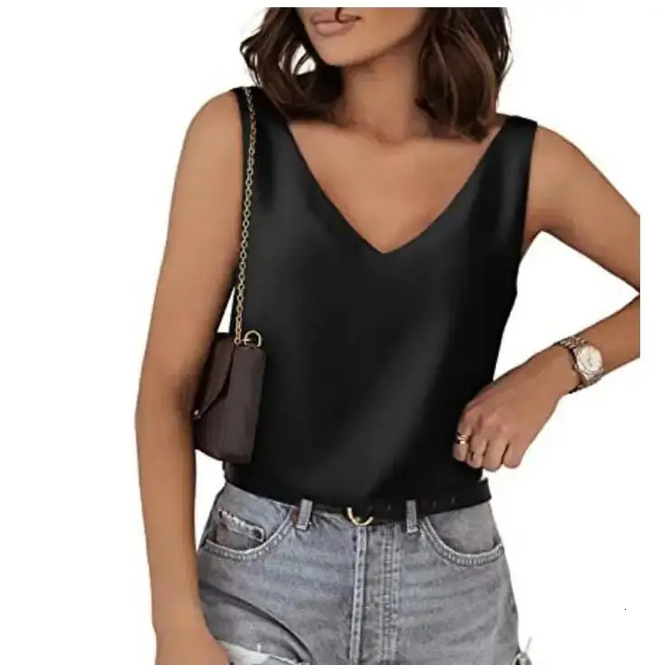 Summer Women Tank Top Tees Sleeveless Silk V Neck Shirts For Fashion Loose Tshirts Casual Shirt Pullover 250214