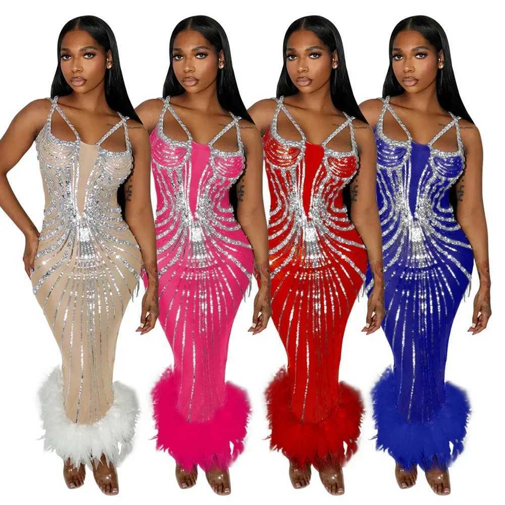 Basic Casual Dresses Women Sequined Feather Strapless High Waist Birthday Bodycon Long Dress 2025 Spring Evening Sexy Party Dresses Vestidos H25217