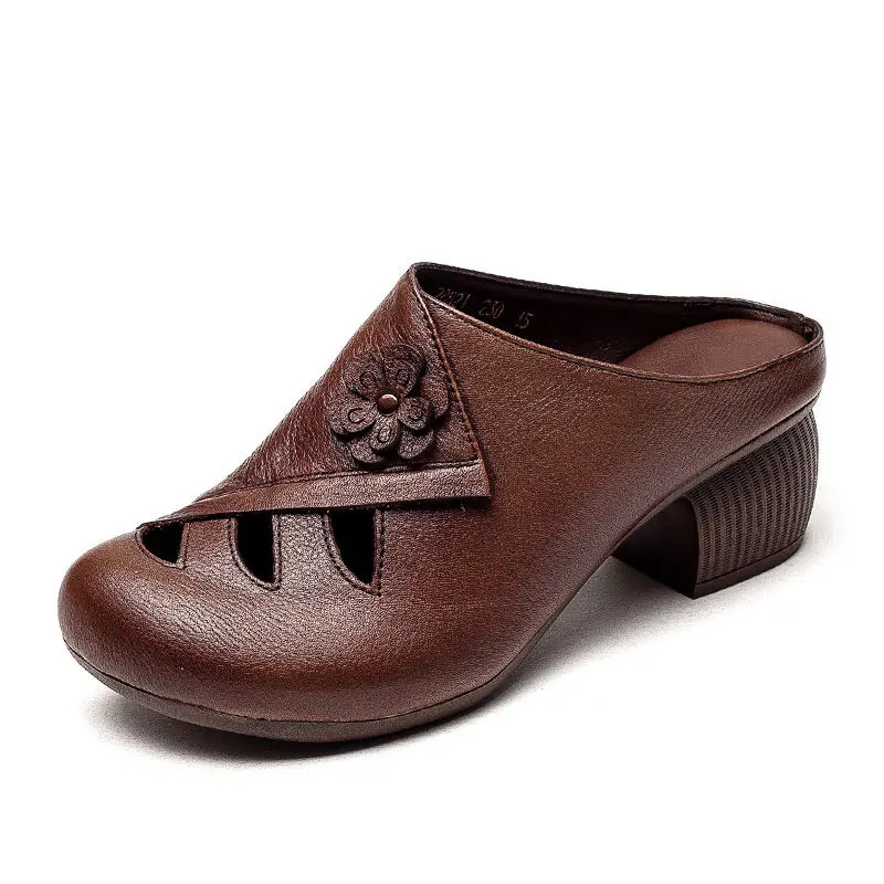 Retro Women Slippers Soft Shoes Close Toe High Heels Slides Black Mules Flip Flops for Summer Medium Heel Slides 250217