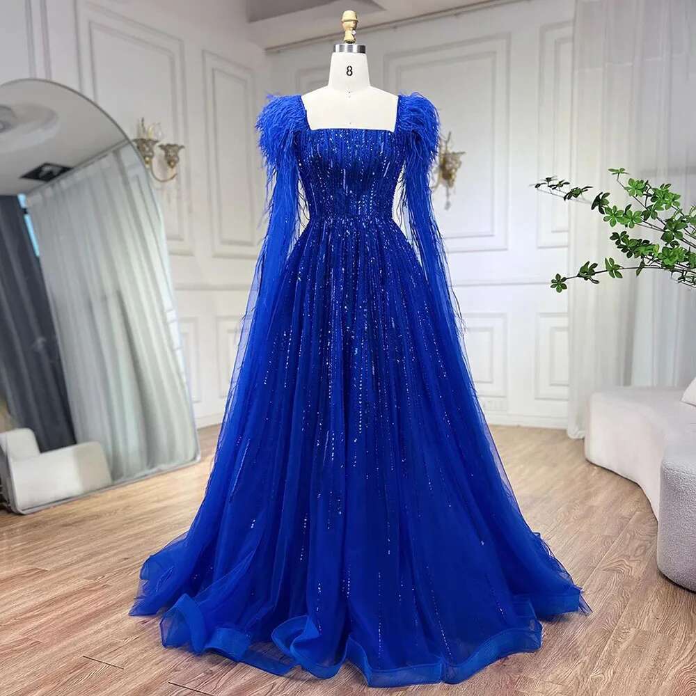 A Dubai E Blue Cape Sleeves Feathers Beaded Evening Dresses Gowns Customize Evening Party
