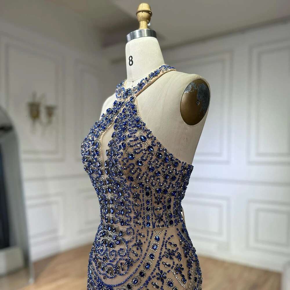 Blue Elegant Saudi Arabic Halter Neck Evening Gown Crystal Beaded Dress For Formal Ocn Customize BLA mal