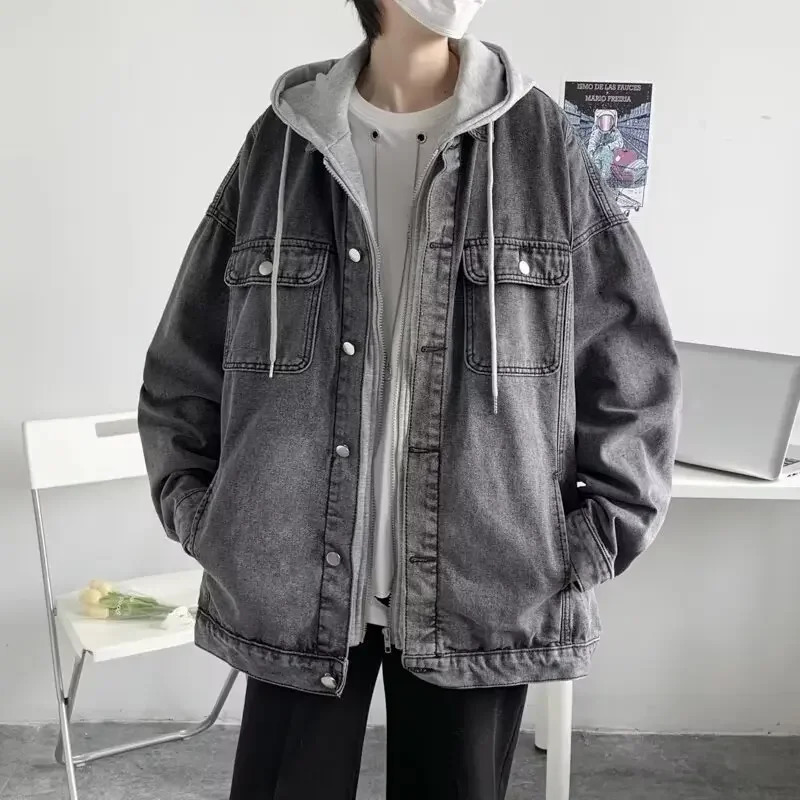 Trendy Hong Kong Style Versatile TwoPiece Illusion Hooded Denim Jacket Casual Loose Fit For Men And Youths Working Clothes 250210