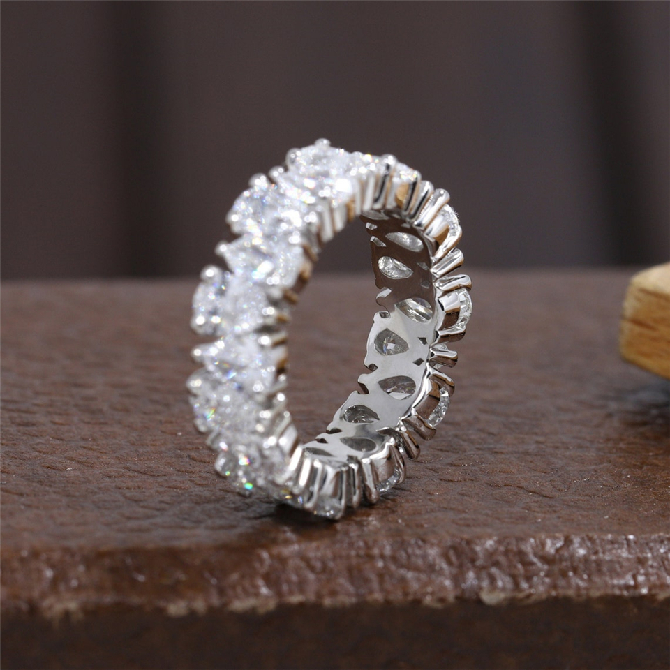 Jewelry 18K Real White Gold Pear Cut 5.0*3.5mm Lab Diamond Full Set Eternity Ring For Women Wedding Band CVD HPHT Gold Anniversary Gift Ring Band