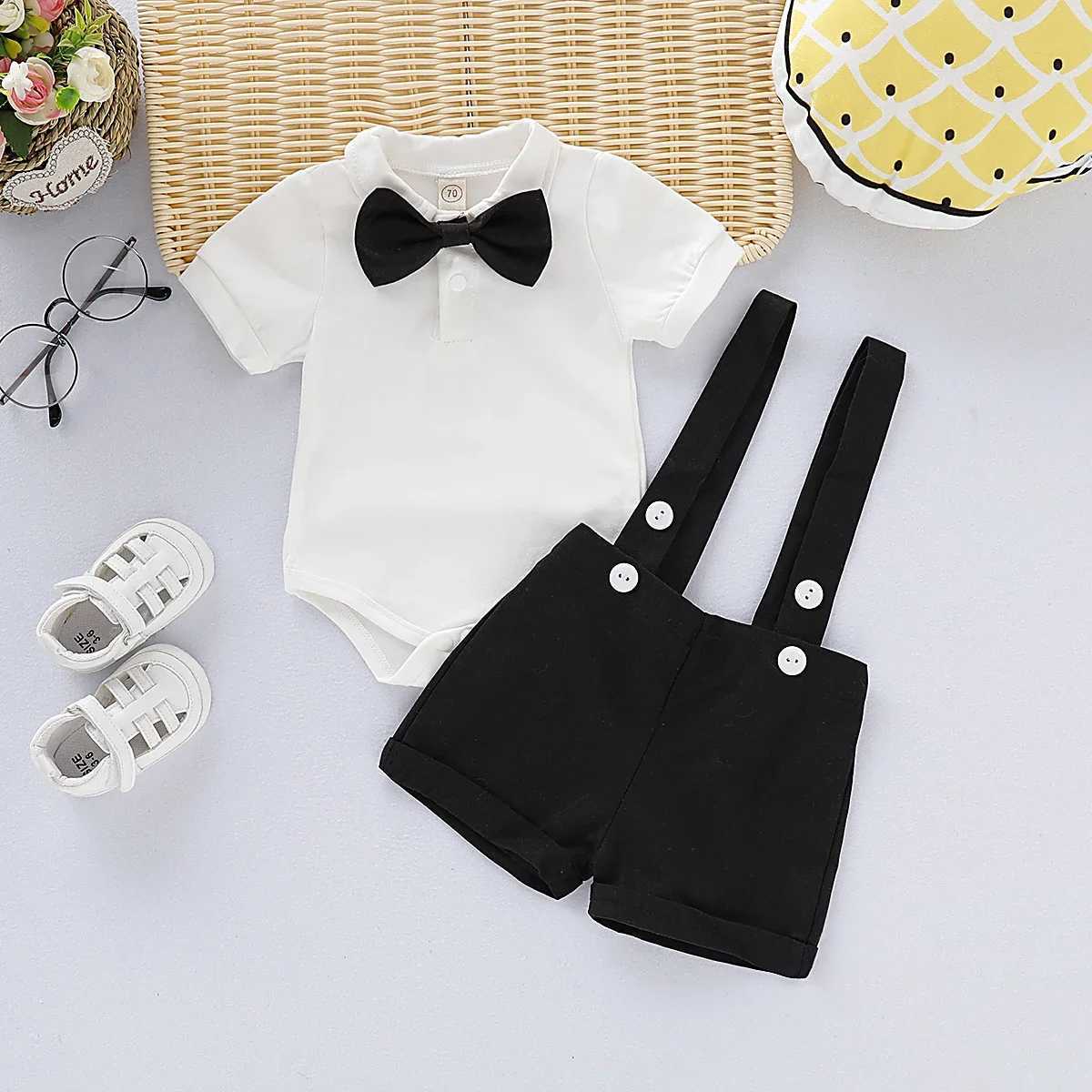 0-2 Years Baby Boy Mini Gentlemen Outfits Wedding For Set Peter Pan Collar Cotton Romper+Suspender Shorts Summer 2PCS Suit W250218