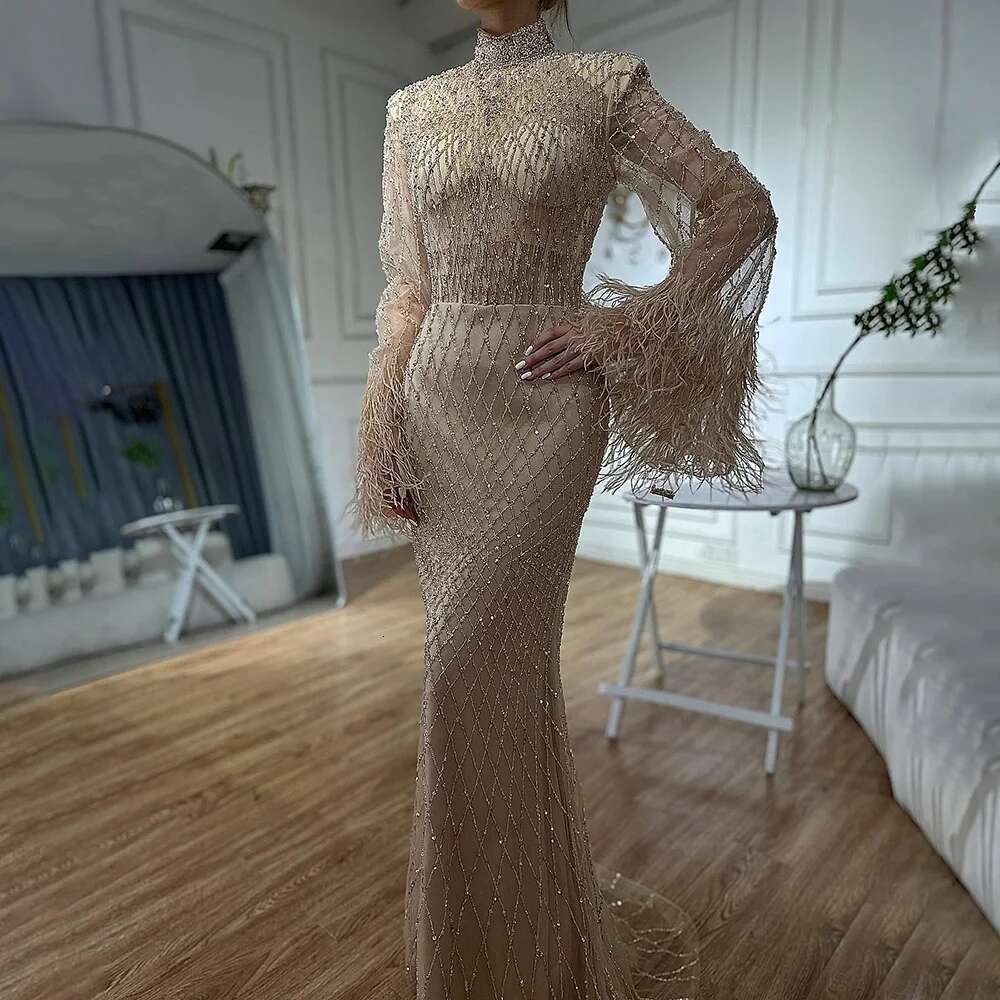 Evening Party Dubai Gown Nude Illusion Lace Beaded Feathers Mermaid Long Evening Dress Customize