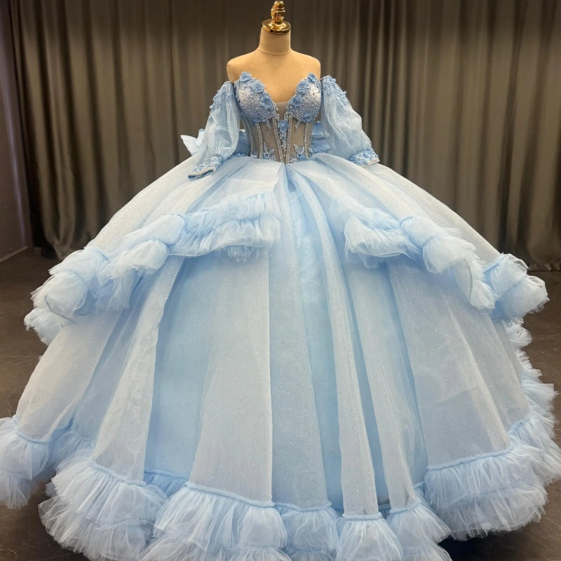 Sky Blue Shiny Quinceanera Dresses Ball Gown Off The Shoulder Applique Beads Bow Tiered Tull Party Birthday Sweet 16 Dress Vestido 15 De Anos