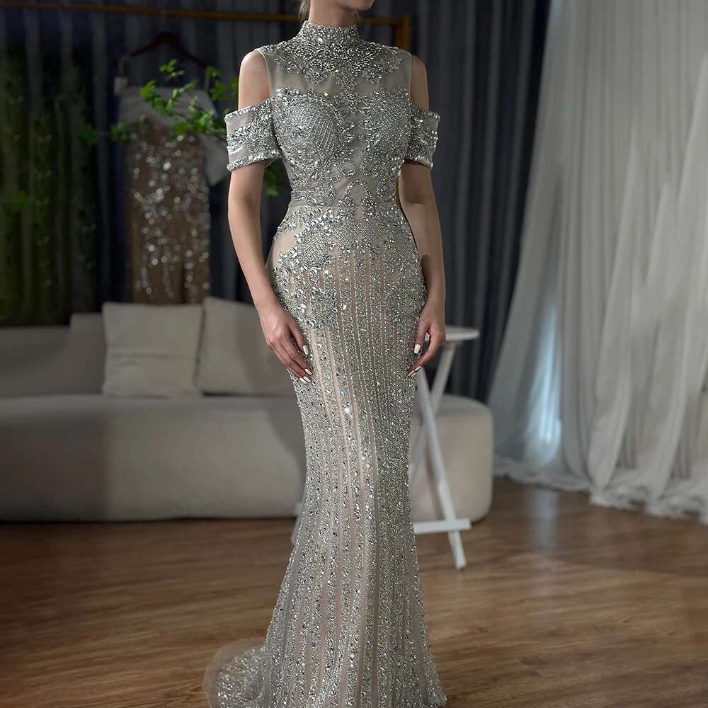 Sier Arabic Nude Mermaid Beaded Crystal Dubai Evening Dresses Gowns Customize Evening Party