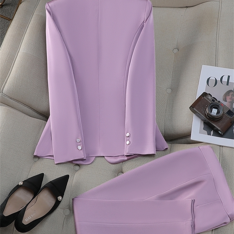 Office Ladies Pant Suit Yellow Red Purple Apricot Female Business Work Wear Jacket Blazer and Trouser Formal 2 Piece Set 250206