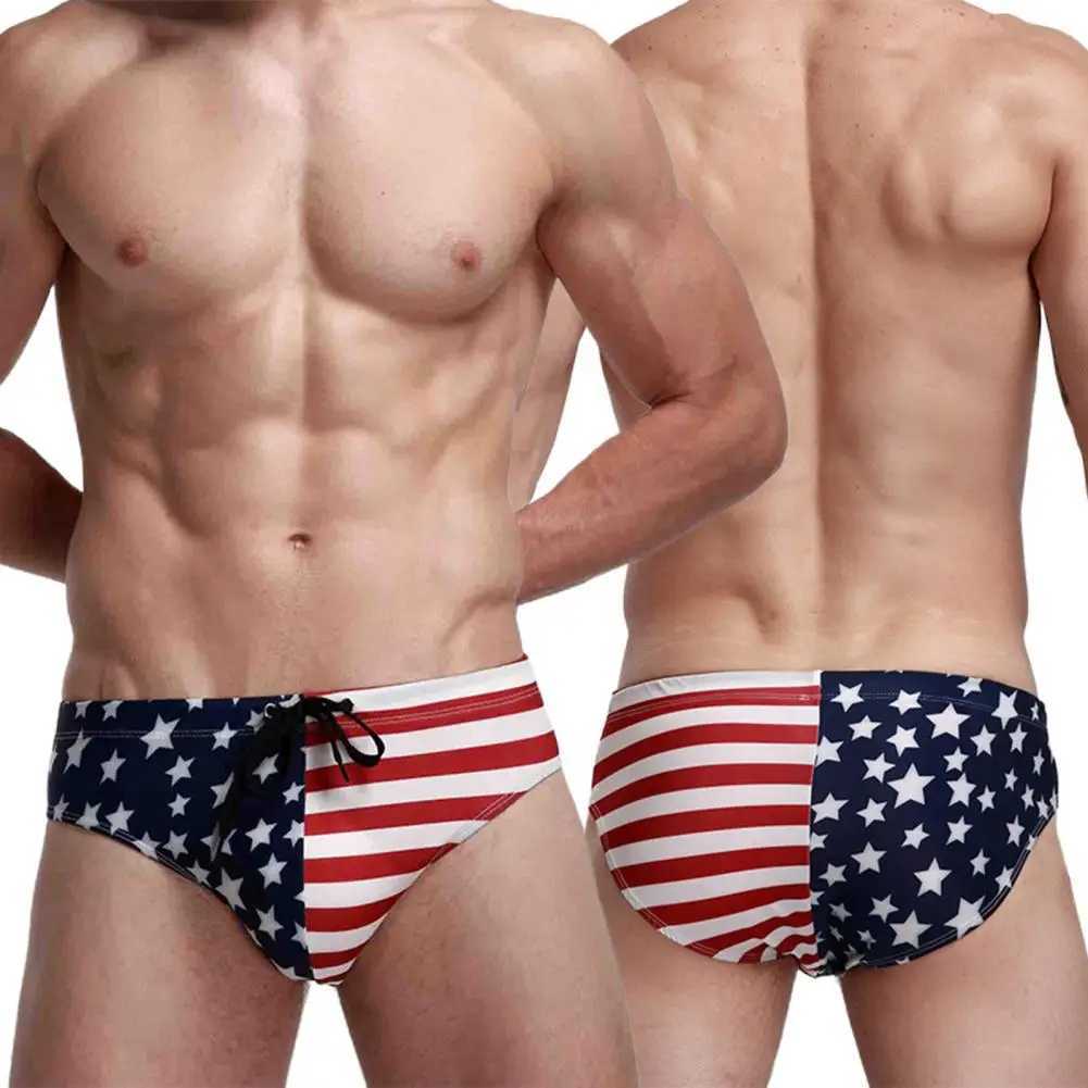 Breathable Men Swim Briefs Trunks Washable Stretchy USA Flags Design Swimming Trunks for Water Activity M250218