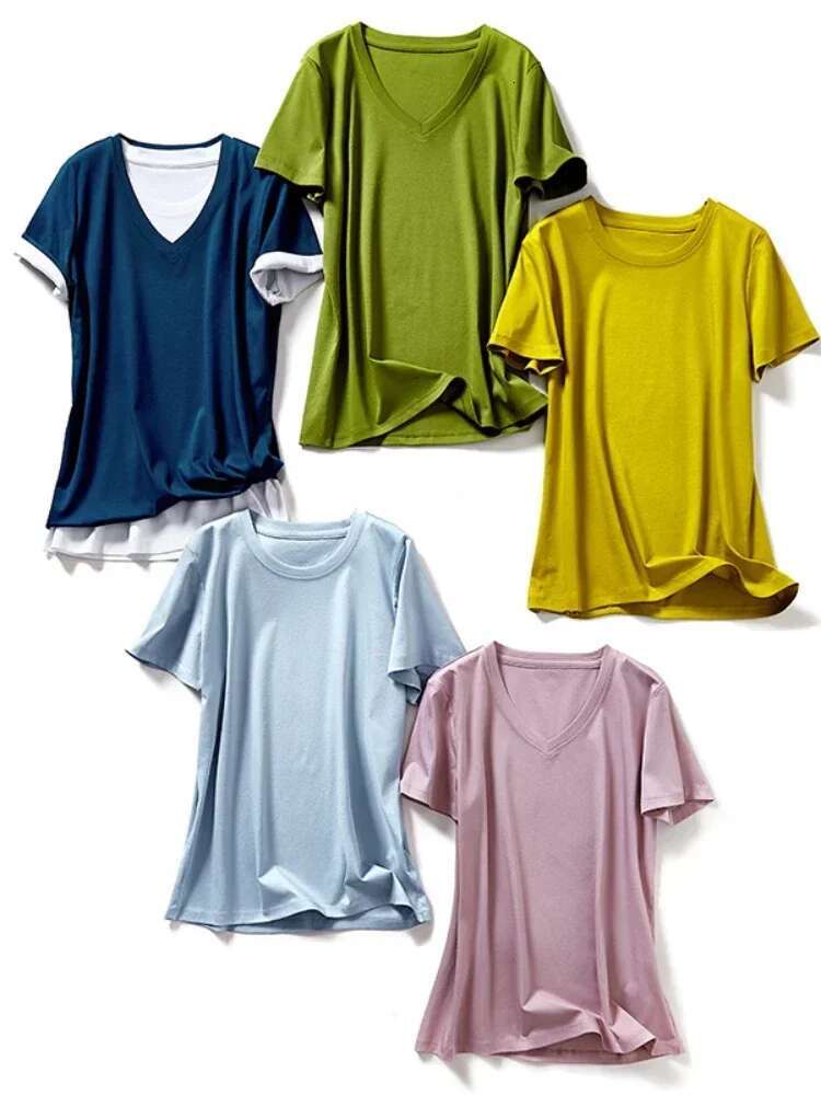 Summer 80 Thread Silk Cotton Fashionable Short Sleeved Tshirt For Women's Casual Basic V-neck T-shirts Solid Color Plus Size Tops Designer T Shir