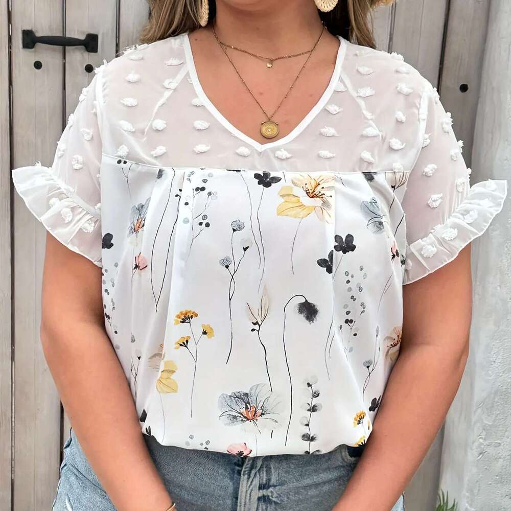 Ral Print Swiss Dot Blouseelegant Patchwork V Neck Short Sleeve Blouse For Spring Summer Women's Plus Size Clo