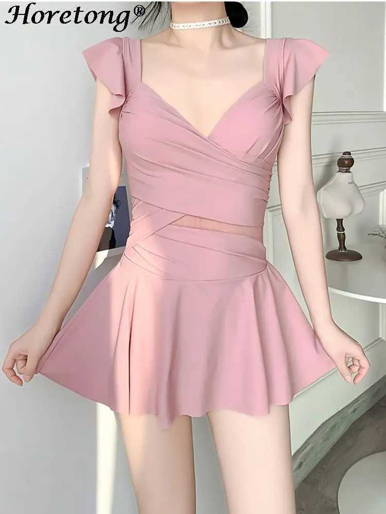 Horetong Women Sexy One Piece Swimsuit Ruffle Sleeve V-neck High Waist Beach Wear New Solid Elegant Swimwear Vacation Suit M250218