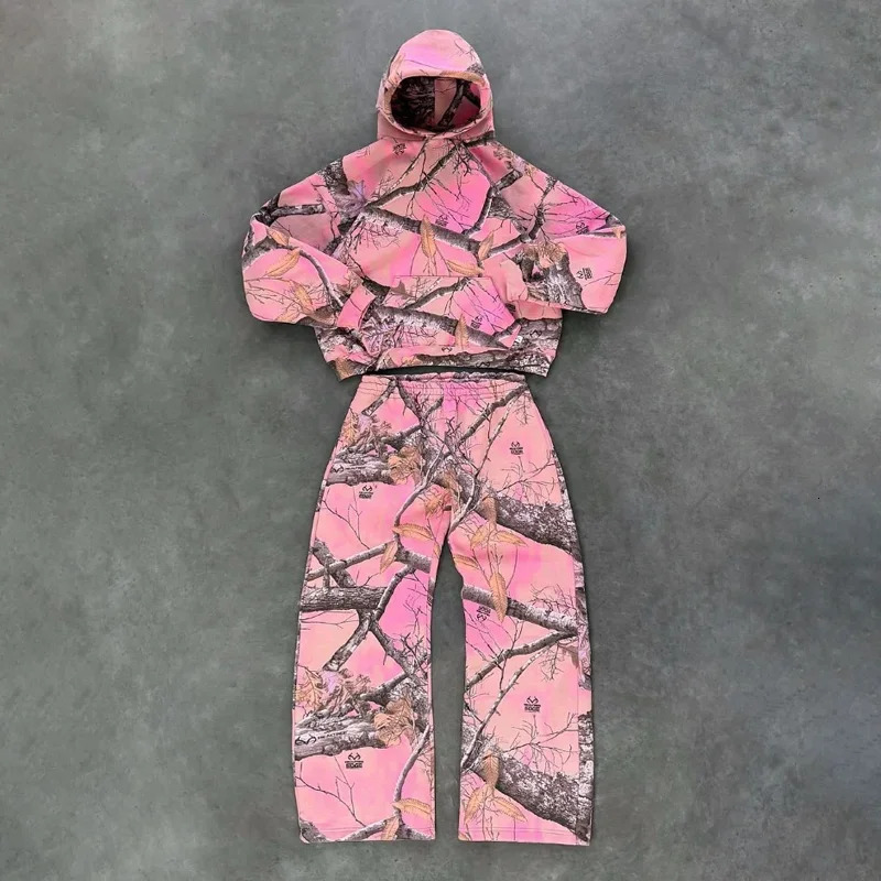 Y2K men clothes 2 piece Hoodie Pink Camo Print Pattern Sweatshirt Men Women Retro Casual Hip Hop streetwear Track Pants Set 250217