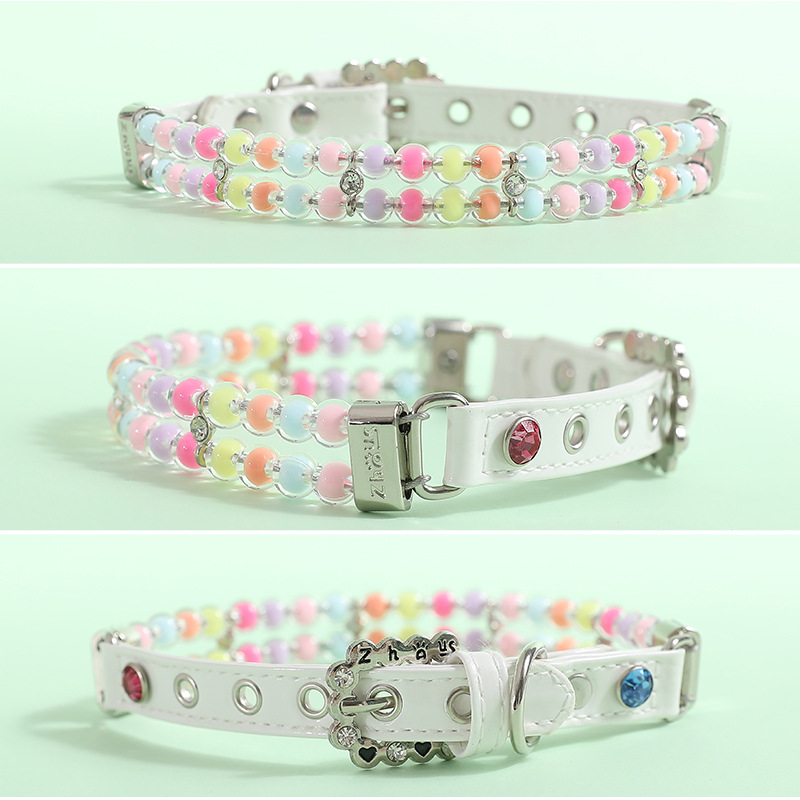 Fashion Dog Leather Collar with Two Rows of Colored Beads, Dog Collar Leash Set for Small Medium Dogs, Pet Neck Decoration, Adjustable Pet Collar Pink