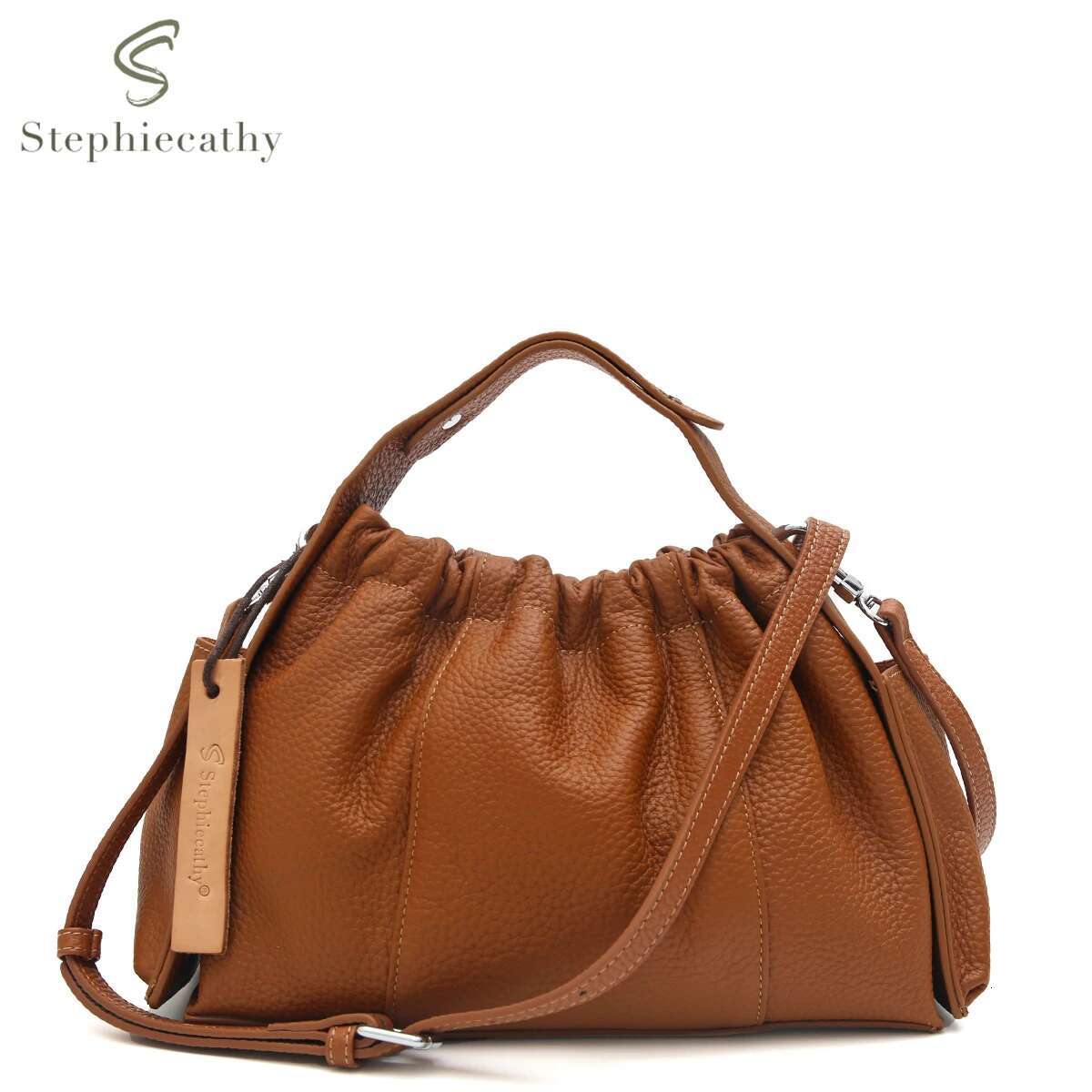 SC Fashionable Women Top-Handle Bag Genuine Leather Magnetic Elastic Closure Side Pockets Long Strap Shoulder Cross Body Handbag