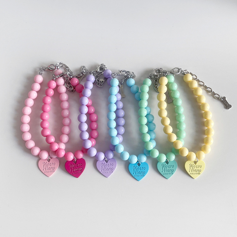 Candy Color Fashion Dog Pearl Necklace with Heart Shaped Small Decoration,Beautiful Cat Dog Necklace for Christmas, Valentine's Day, Party, Adjus