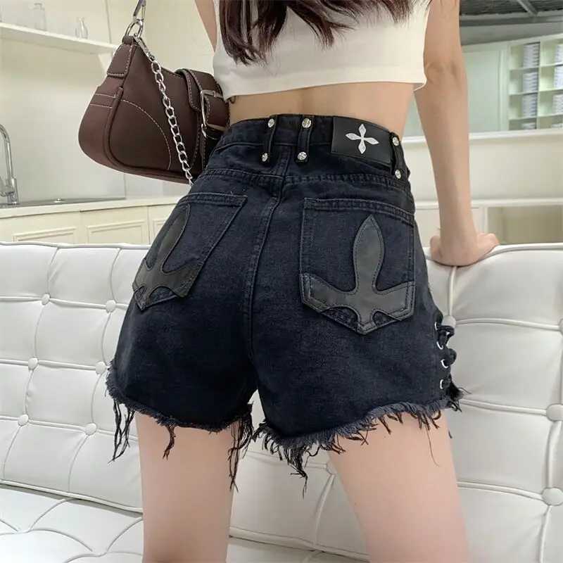 Bandage Shorts Womens Jeans Shorts Side Drstring Black Casual Summer Plus Size Shorts Fe High Waisted Denim Shorts PantsXJ250217