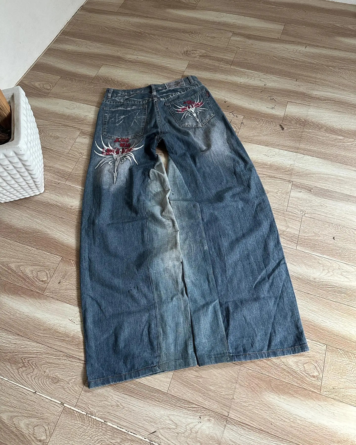 Y2K Harajuku Hip Hop Embroidery Jeans Men Women Goth Punk Ripped Wide Leg Pants Fashion Retro Baggy Denim Pants Streetwear 250217