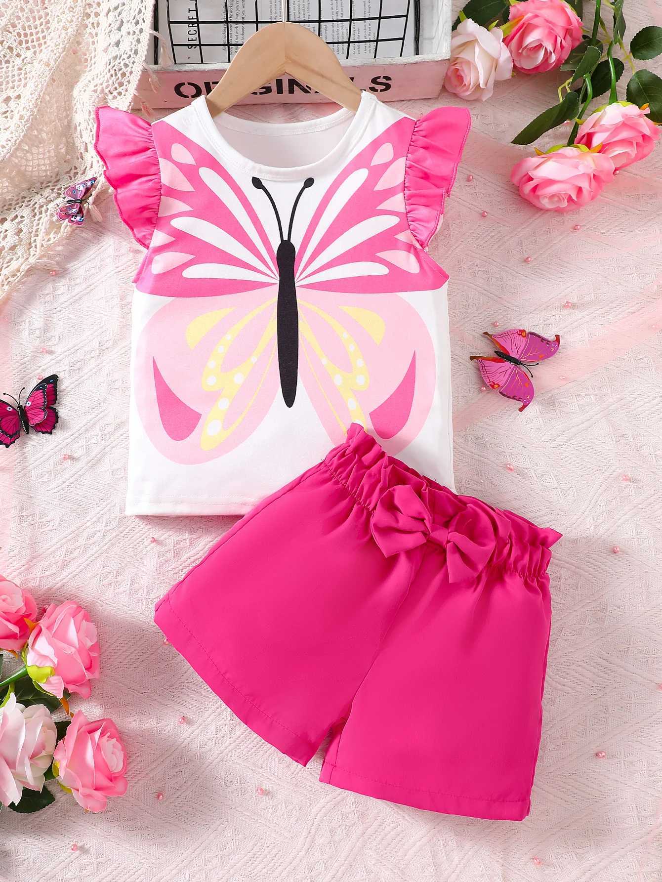 Summer girls short sleeved shorts two-piece set sleeveless T-shirt and shorts set butterfly print T-shirt solid color shorts W250218