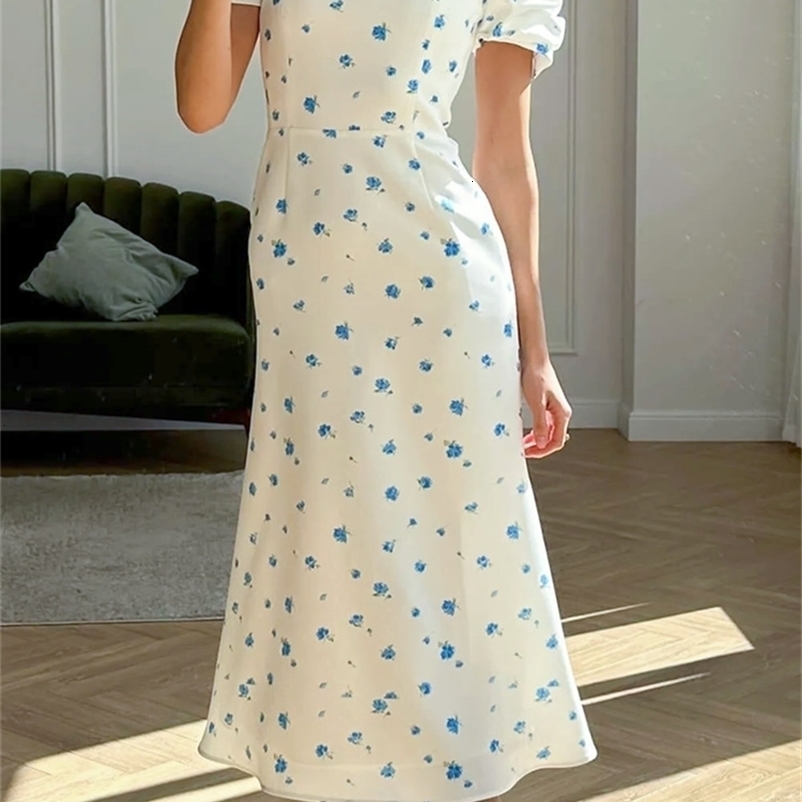 Women Floral Midi Vintage Dress Short Puff Sleeve Square Neck A-Line Dress Bohemian Summer Casual Elegant Flowy Dresses 250206