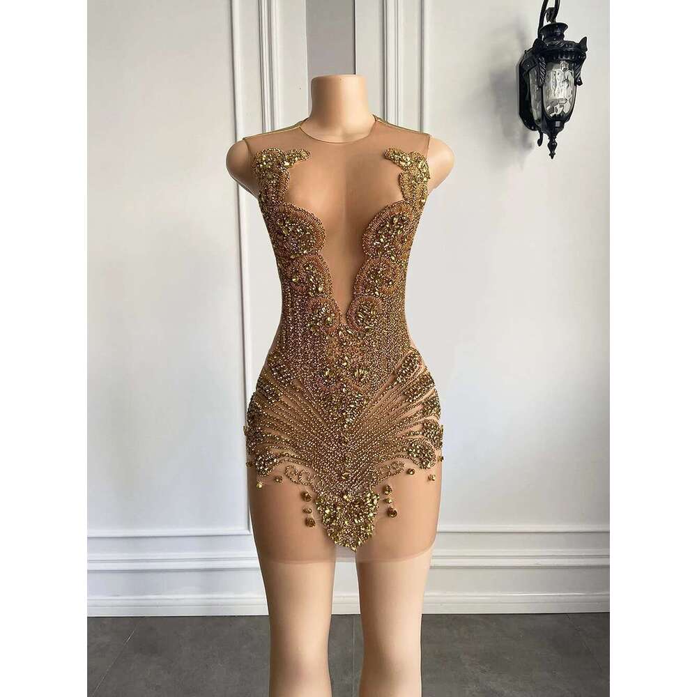 Sheer Sexy See Through Black Girl Short Prom Dress Golden Dia Beaded Crystals Women Tail Party Gowns For Birthday
