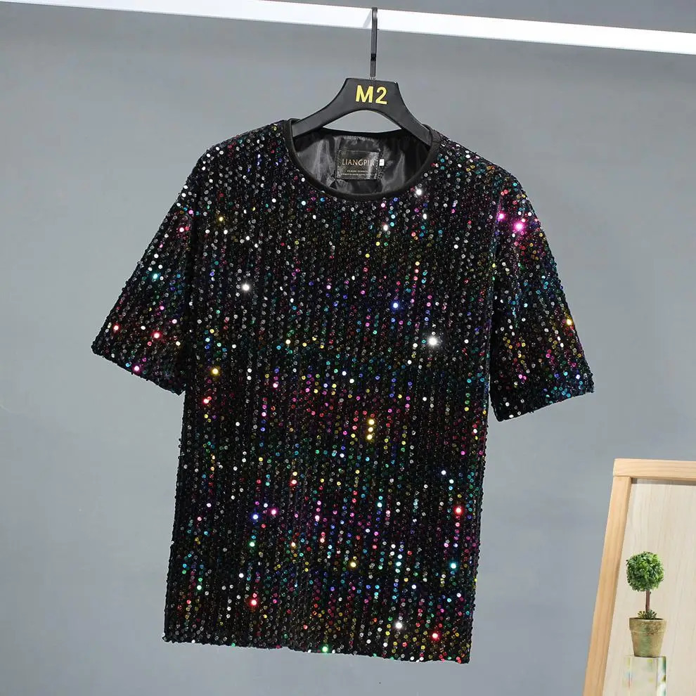 Summer Colorful Shiny Sequin Short Sleeve T Shirt Men Street Casual Hip Hop Tees Tops Stage Performance Costume 250217