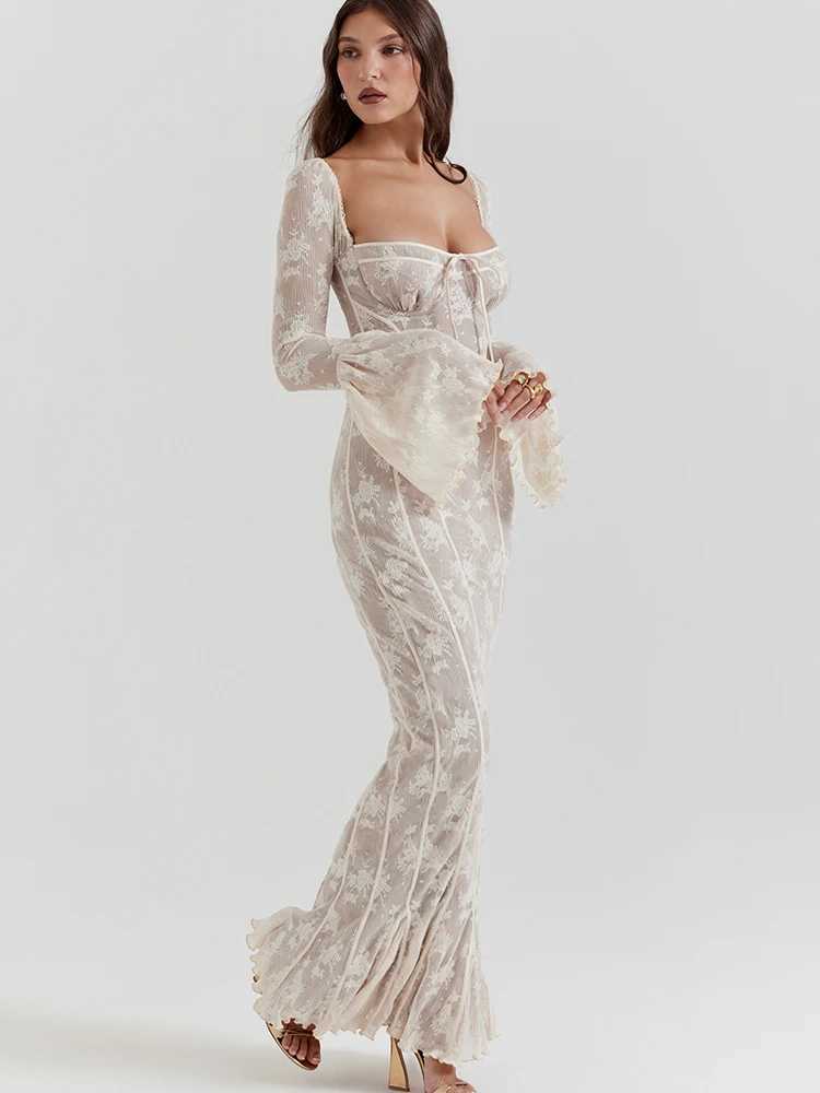 Basic Casual Dresses Fantoye Sexy Square Collar Maxi Dress For Women Black Long Slve Lace Up Dress Female Autumn Skinny Elegant Party Club Outfits H25