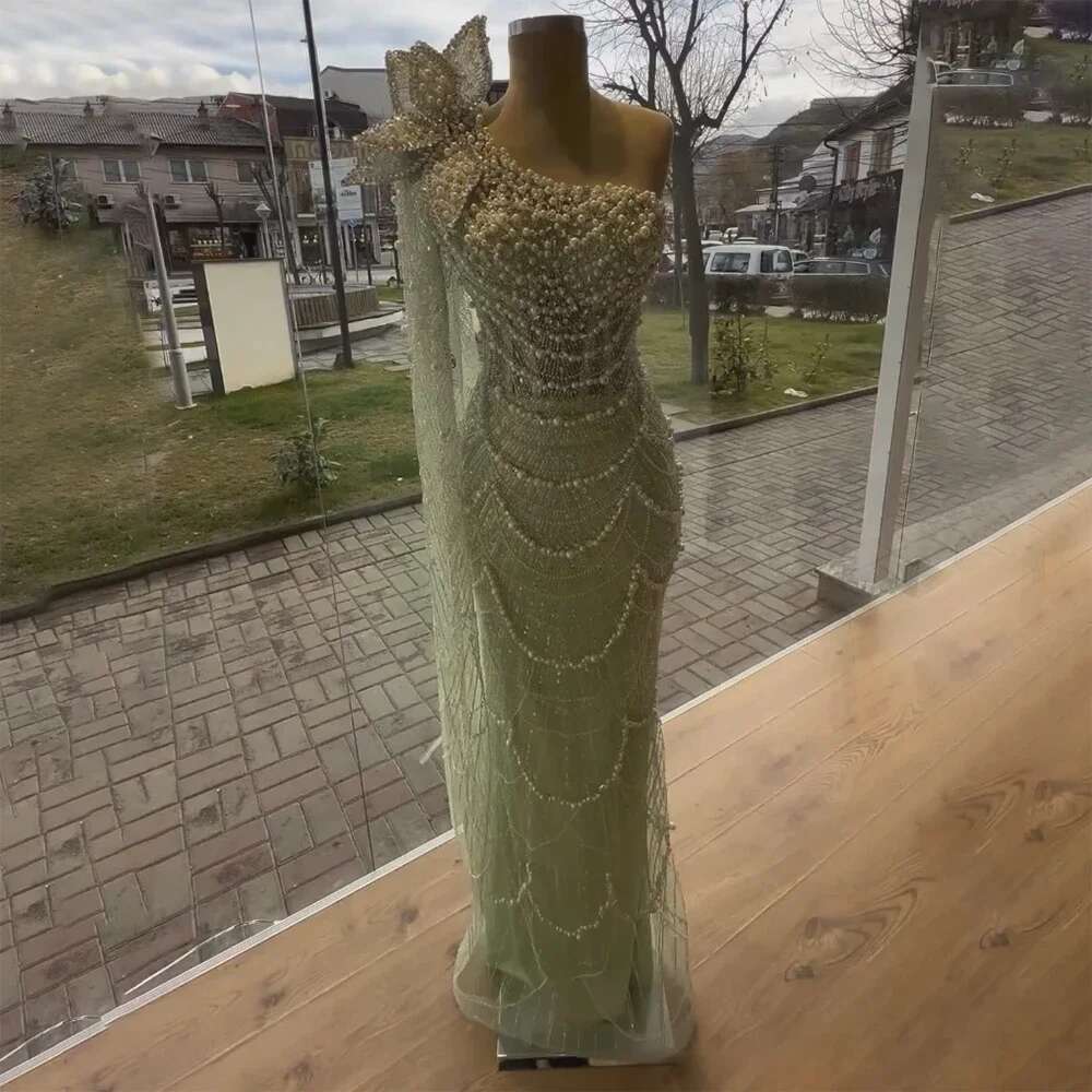 Green Sage Mermaid One Shoulder Pearls Dubai Arabic Evening Dresses Gowns Customize