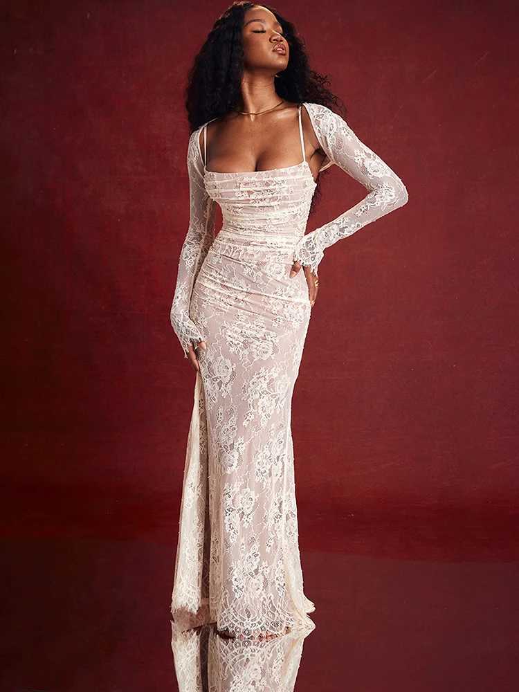 Basic Casual Dresses Fantoye Autumn New Double Layer Lace Women Two Piece Sets White Long Slve Spaghetti Strap Dress Skinny Elegant Party Clubwear H25