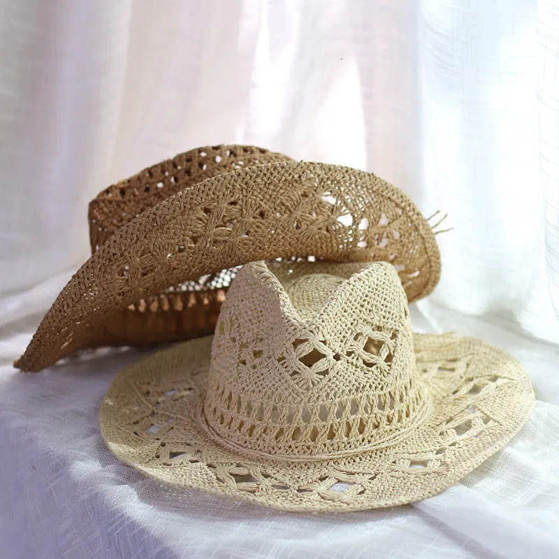 Straw Western Cowboy Hoed Hand Made Beach Vilt Zonnehoeden Party Cap Voor Man Vrouw Curling Rand Cap Zon Bescherming Unisex hat 250218