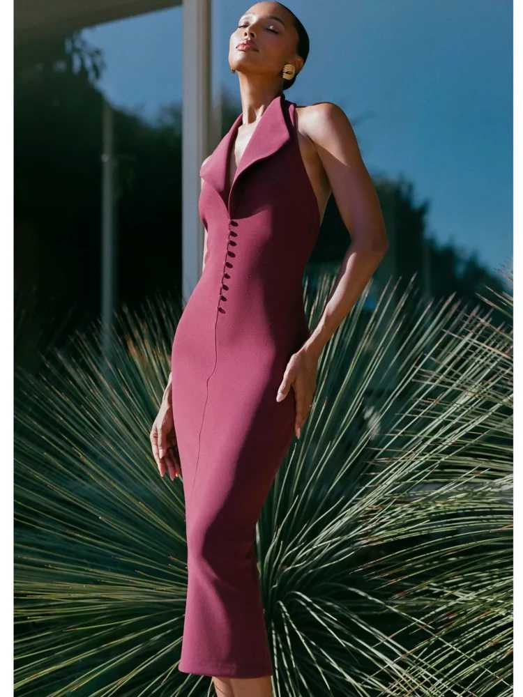 Basic Casual Dresses Fantoye Sexy Dp V-neck Halter Maxi Dress For Women Backless High Waist Dress Female Autumn New Elegant Party Club Outfits 2024 H2