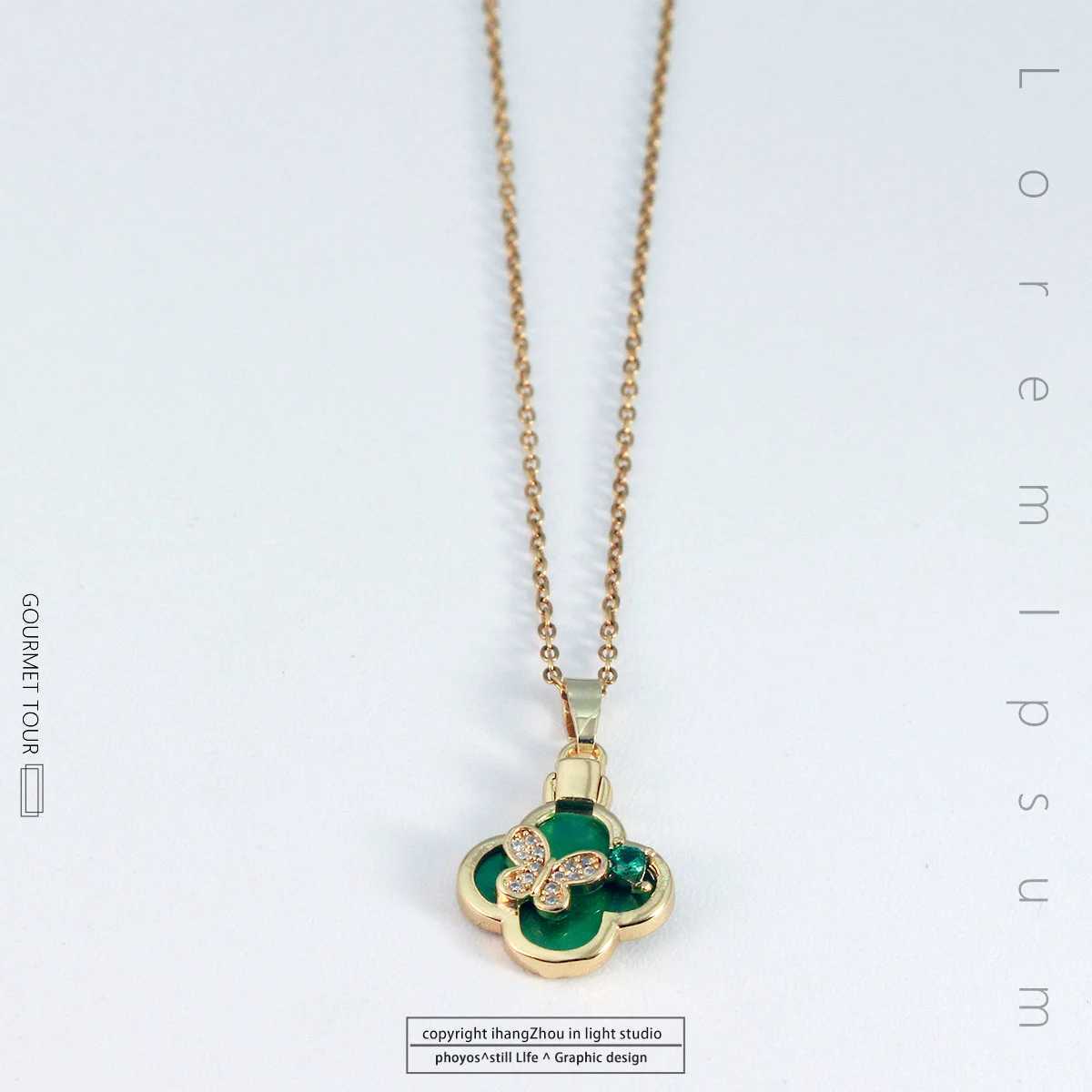 Pendant Necklaces New Green Four Leaf Clover For Women Lucky Gold Color Butterfly Stainless Steel Necklace Fashion Jewelry Gift H250217