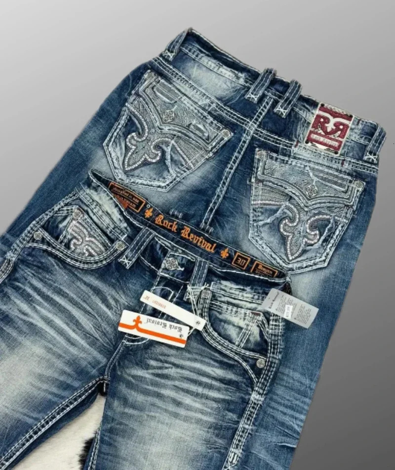 Style Blue Embroidered Cross Pattern Jeans Street Harajuku Casual Hip Hop Men and Women Y2k American Retro Jeans 250217 - view 4